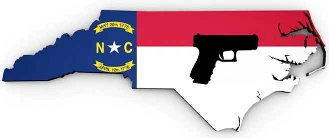 North Carolina flag outline with handgun silhouette